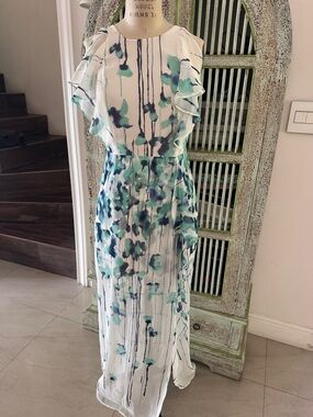 BCBGMaxAzria White Maxi Dress with Teal & Navy Floral Watercolor Print